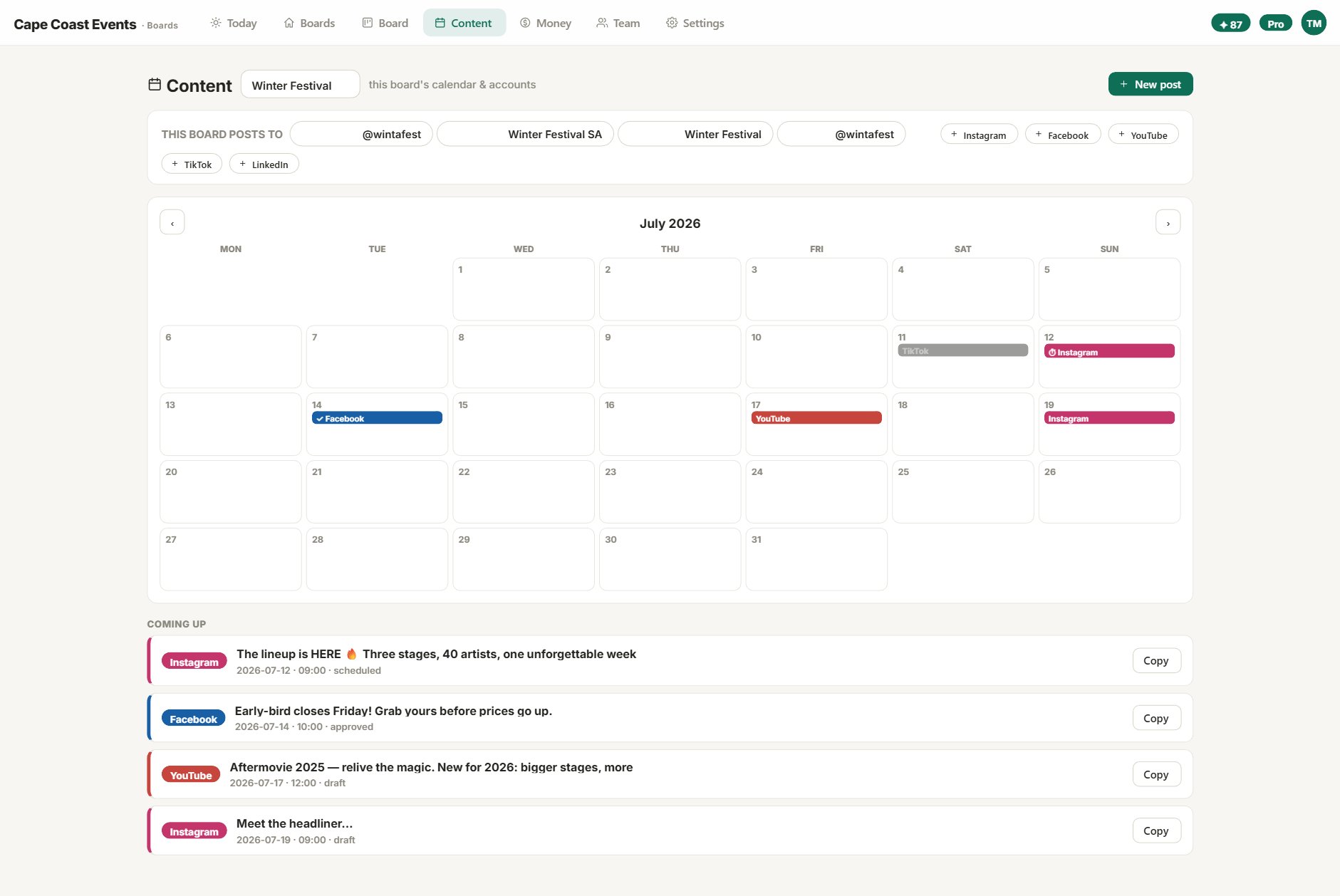 The content calendar — a month of posts colour-coded by platform, with connected social accounts shown at the top