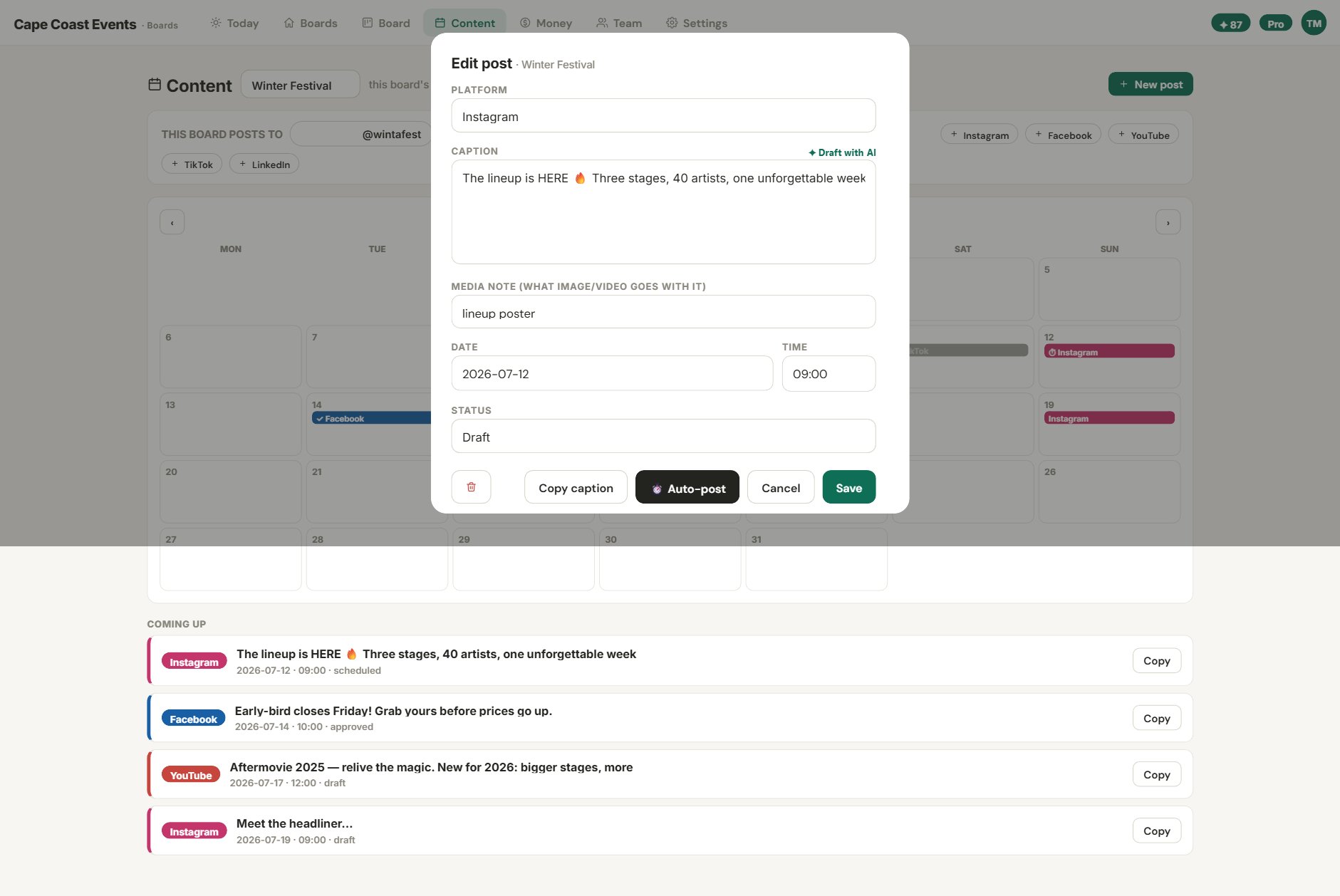 The post editor — caption drafted with AI, with an Auto-post button that publishes to the connected account on schedule